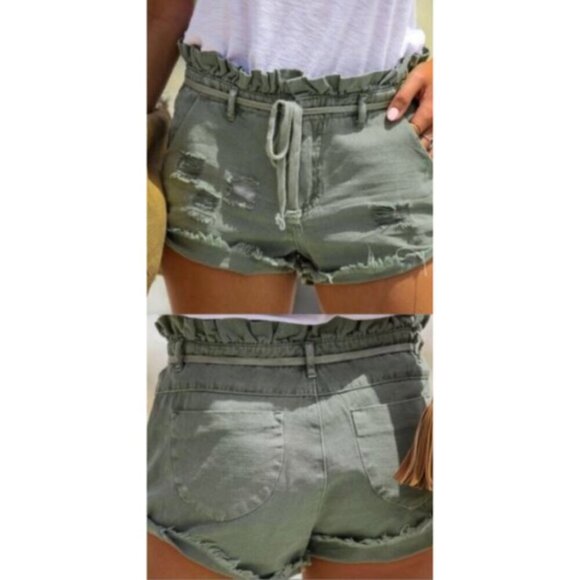 Dance & Marvel Distressed Paperbag Shorts Shoestring Belt Olive Size Large - Picture 1 of 10